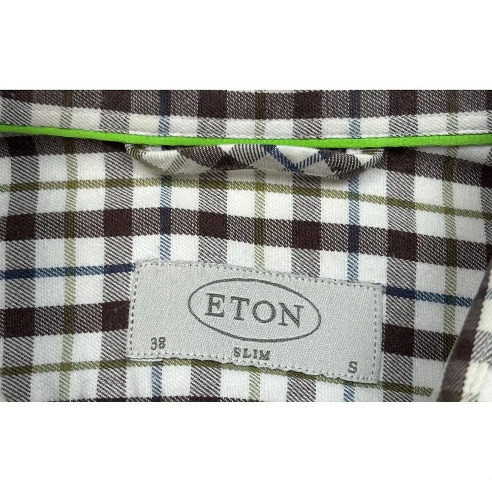 Eton‎ Slim Fit Dress Shirt Mens 15 38 Brown Blue Green Plaid Check Long Sleeve